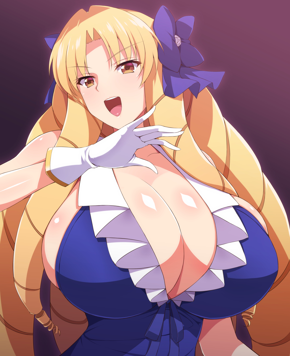 1girl arm_garter bangs blonde_hair blue_bow blue_dress bow breasts brown_eyes center_frills cleavage dress drill_hair eyebrows_visible_through_hair fate/kaleid_liner_prisma_illya fate/stay_night fate_(series) female frills gloves gradient gradient_background hair hair_bow hair_ornament hand_on high_resolution highres hip huge_breasts long_hair looking_at_viewer luviagelita_edelfelt open_mouth shinki_(shinki59) solo standing upper_body v-shaped_eyebrows very_long white_gloves