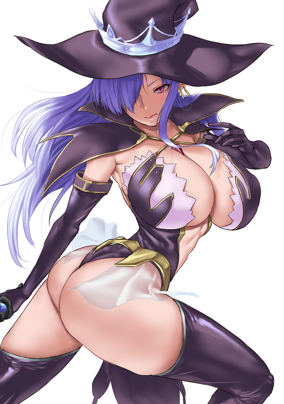 1girl ass black_gloves black_legwear blue_hair blush breasts capelet elbow_gloves fatima fatima_(luminous_arc) gloves hair_over_one_eye hat huge_breasts long_hair looking_at_viewer luminous_arc luminous_arc_2 purple_eyes simple_background solo thighhighs tomiokasena twisted_torso white_background witch_hat