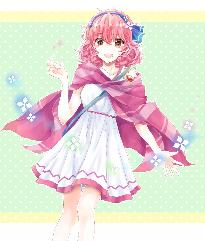 1girl brown_eyes curly_hair dress fire_emblem fire_emblem_echoes:_mou_hitori_no_eiyuuou fire_emblem_heroes hair_ornament hairband jenny_(fire_emblem) jewelry necklace nintendo open_mouth pink_hair polka_dot polka_dot_background short_hair solo yuyu_(spika)