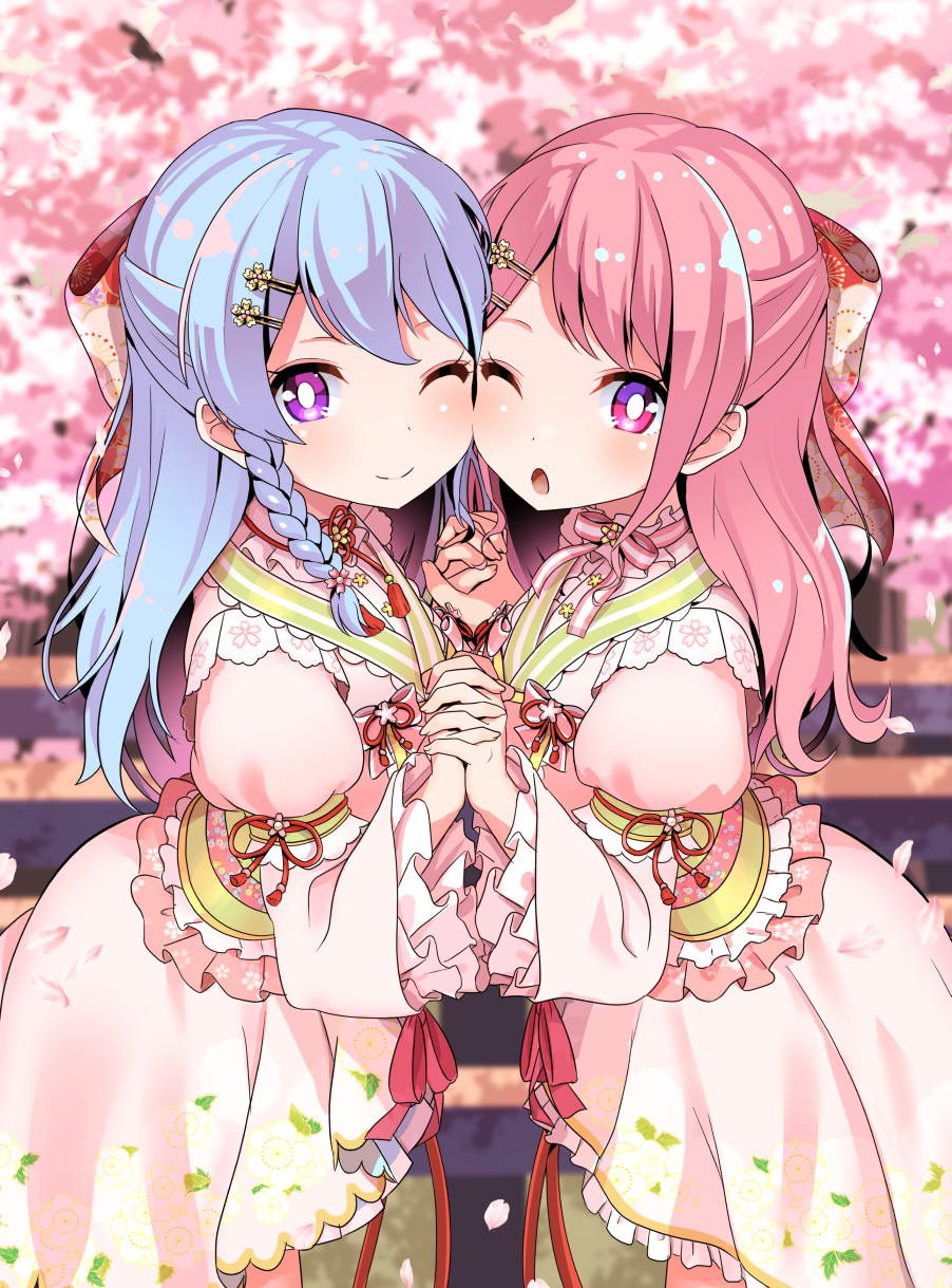 2girls ;) ;o bang_dream! bangs bikini blue_hair blurry blurry_background blush bow cheek-to-cheek cherry_blossoms commentary_request day depth_of_field dress fingernails floral_print flower hair_bow hair_flower hair_ornament hairclip hand_holding hands_up highres interlocked_fingers juliet_sleeves long_hair long_sleeves looking_at_viewer maruyama_aya matsubara_kanon multiple_girls one_eye_closed open_mouth outdoors petals pink_dress pink_flower pink_hair pleated_dress print_bikini puffy_sleeves purple_eyes shipii_(jigglypuff) smile swimsuit wide_sleeves