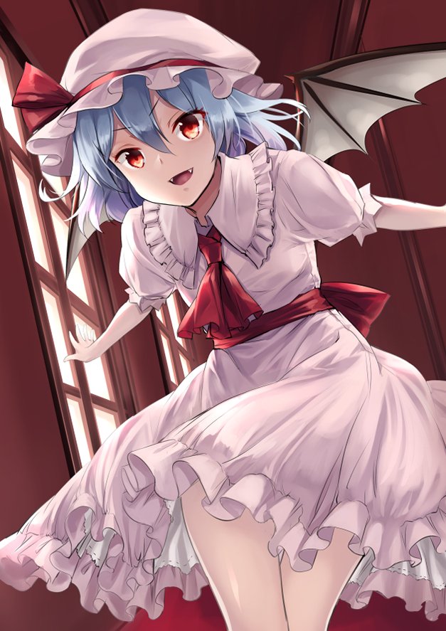 1girl :d ascot bangs bat_wings blue_hair commentary_request cowboy_shot dress dutch_angle eyebrows_visible_through_hair fangs frilled_shirt_collar frills gradient_hair hair_between_eyes hat hat_ribbon indoors looking_at_viewer mob_cap multicolored_hair open_mouth pink_dress pink_headwear puffy_short_sleeves puffy_sleeves purple_hair red_eyes red_neckwear red_ribbon red_sash remilia_scarlet ribbon sash short_sleeves smile solo standing thighs touhou usotsuki_penta window wings