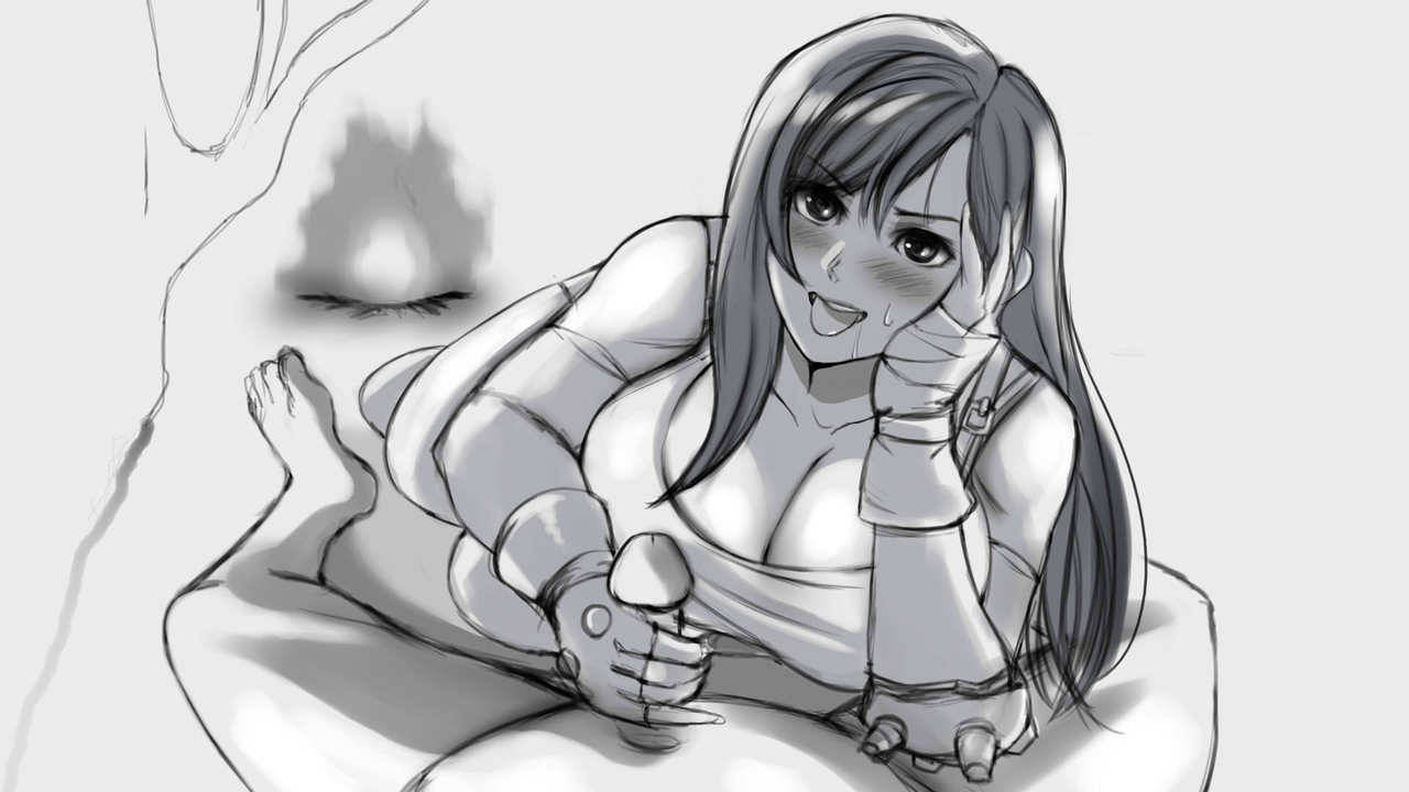 1_girl bangs blush breasts cleavage detached_sleeves earrings elbow_pads final_fantasy final_fantasy_vii fingerless_gloves gloves hand_job huge_breasts jewelry large_breasts long_hair monochrome open_mouth pov shirt sketch solo sweat tank_top tifa_lockhart