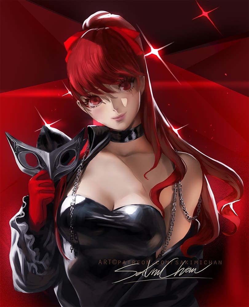 1girl artist_name bare_shoulders black_jacket blush bow breasts chains choker cleavage gloves jacket leotard long_hair looking_at_viewer mask matching_hair/eyes medium_breasts patreon_username persona persona_5 persona_5_the_royal ponytail red_eyes red_gloves red_hair sakimichan signature simple_background smile solo upper_body watermark web_address yoshizawa_kasumi