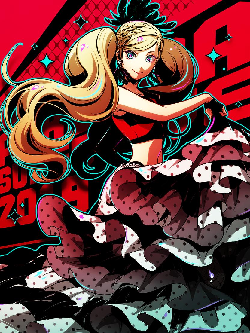 1girl 2019 alternate_costume black_feathers blonde_hair blue_eyes braid commentary_request crop_top dancing earrings feather_earrings feathers flamenco flamenco_dress french_braid hair_feathers jewelry jpeg_artifacts long_hair looking_at_viewer multicolored multicolored_eyes padda_b24 persona persona_5 persona_super_live pink_eyes red_background solo takamaki_anne twintails