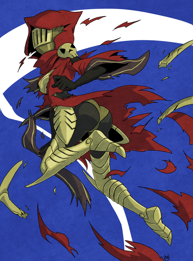 armor armored_boots ass breaking breastplate butt clenched_hand cloak faceless_female female female_focus genderswap leg_armor leg_up legs looking_back mask pauldrons red_cloak ripped ripping sachy_(sachichy) shovel_knight skin_tight skull specter_knight underwear video_games