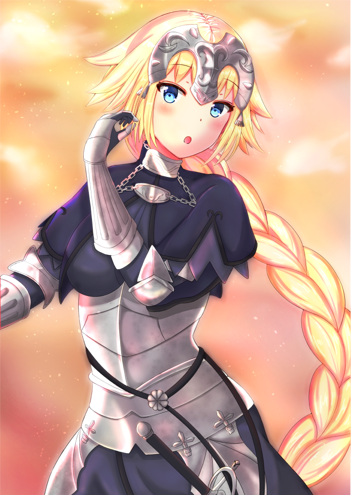 1girl :o armor armored_dress black_dress blonde_hair blue_eyes blurry blurry_background blush braided_ponytail chains cowboy_shot dress eyebrows_visible_through_hair fate/apocrypha fate_(series) faulds gauntlets headpiece jeanne_d'arc_(fate) jeanne_d'arc_(fate)_(all) long_hair looking_at_viewer ponytail ripi_ur solo standing very_long_hair