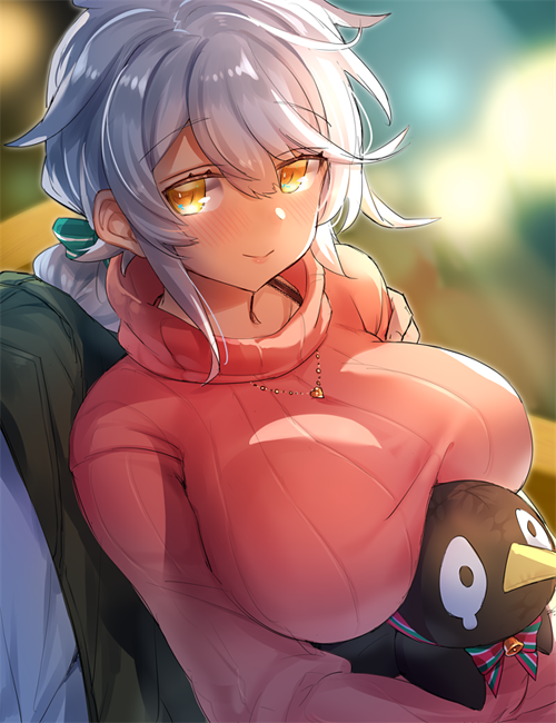 1boy 1girl asymmetrical_hair backlighting blurry blush braid breasts depth_of_field failure_penguin hair_between_eyes hand_on_another's_shoulder jitome kantai_collection large_breasts long_braid long_hair looking_at_viewer out_of_frame pink_sweater silver_hair single_braid smile solo_focus sweater turtleneck turtleneck_sweater unryuu_(kantai_collection) upper_body wavy_hair yamaarashi yellow_eyes