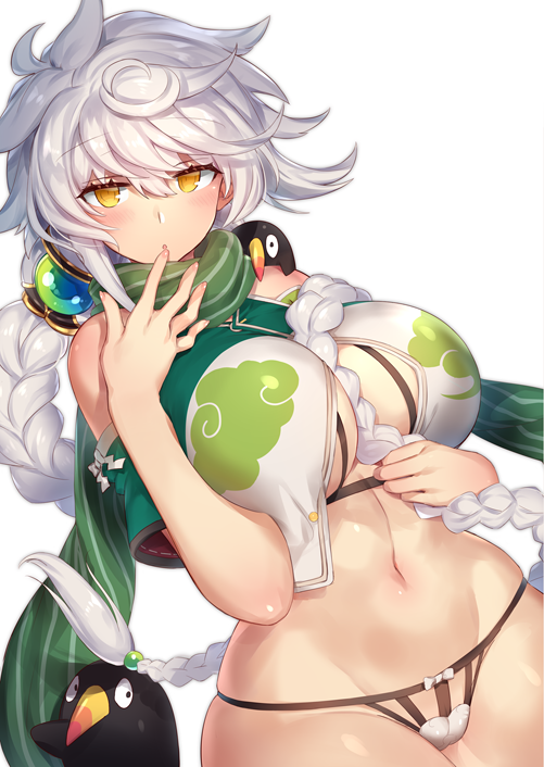 1girl asymmetrical_hair bangs beads blush bra braid breasts cleavage cloud_print crop_top cupless_bra failure_penguin finger_to_mouth gem green_scarf hair_between_breasts hair_ornament hip_focus jitome kantai_collection large_breasts long_hair navel open_mouth orb panties scarf shoulder_cutout silver_hair simple_background single_braid striped striped_scarf swept_bangs underwear unryuu_(kantai_collection) very_long_hair wavy_hair white_background yamaarashi yellow_eyes