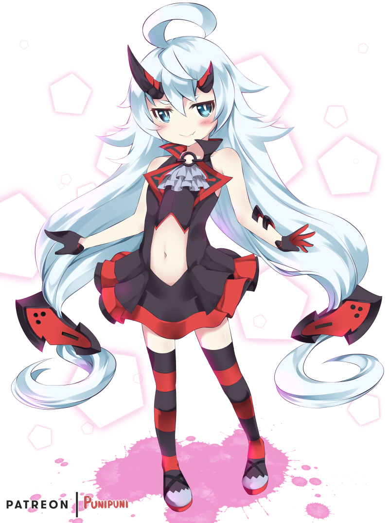 1girl ahoge artist_name asymmetrical_horns bangs bare_shoulders blood_embrace blue_eyes catstudioinc_(punepuni) commentary dress english_commentary fang fang_out full_body gloves half_gloves honkai_(series) honkai_impact_3rd horns long_hair looking_at_viewer navel navel_cutout o-ring patreon_username simple_background skin_fang smile solo splatter striped striped_legwear thighhighs very_long_hair white_hair