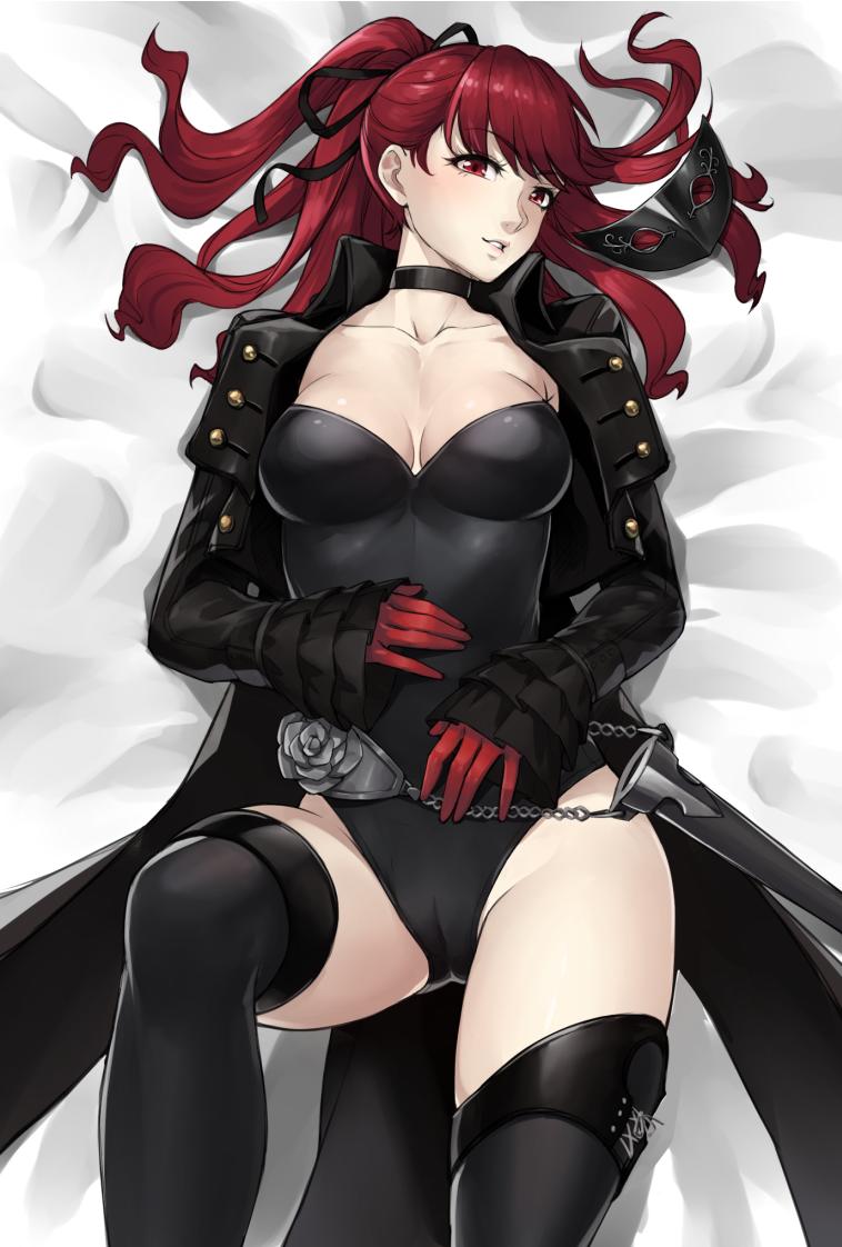 1girl bed_sheet black_choker black_flower black_legwear black_leotard black_rose breasts buttons chains choker coattails commentary cropped_jacket english_commentary flower frilled_sleeves frills gloves hair_ribbon juliet_sleeves leotard long_hair long_sleeves lying maritan_(pixelmaritan) mask medium_breasts on_back persona persona_5 persona_5_the_royal puffy_sleeves red_eyes red_gloves red_hair ribbon rose scabbard shadow sheath shrug smile solo thighhighs yoshizawa_kasumi