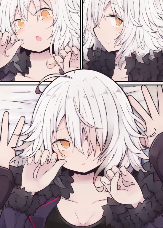 1girl @_@ ahoge bangs bed_sheet beni_shake black_dress blush closed_mouth collarbone comic commentary_request dress eyebrows_visible_through_hair fate/grand_order fate_(series) fingernails fur-trimmed_jacket fur-trimmed_sleeves fur_trim hair_between_eyes hair_over_one_eye hands_up head_tilt jacket jeanne_d'arc_(alter)_(fate) jeanne_d'arc_(fate)_(all) open_clothes open_jacket orange_eyes parted_lips pov purple_jacket silent_comic silver_hair sweat wavy_mouth wicked_dragon_witch_ver._shinjuku_1999