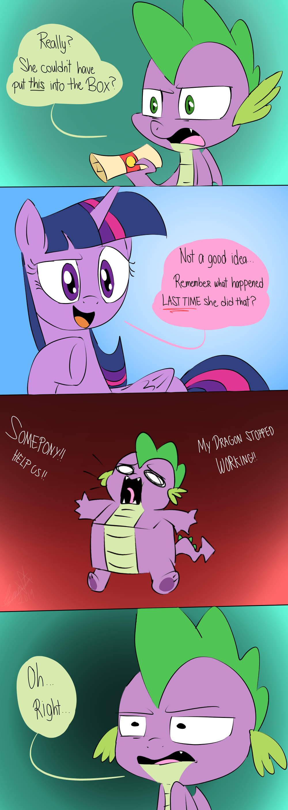 2019 absurd_res comic dialogue dragon duo emositecc english_text equid female feral friendship_is_magic hair hi_res horn mammal multicolored_hair my_little_pony scalie spike_(mlp) text twilight_sparkle_(mlp) winged_unicorn wings