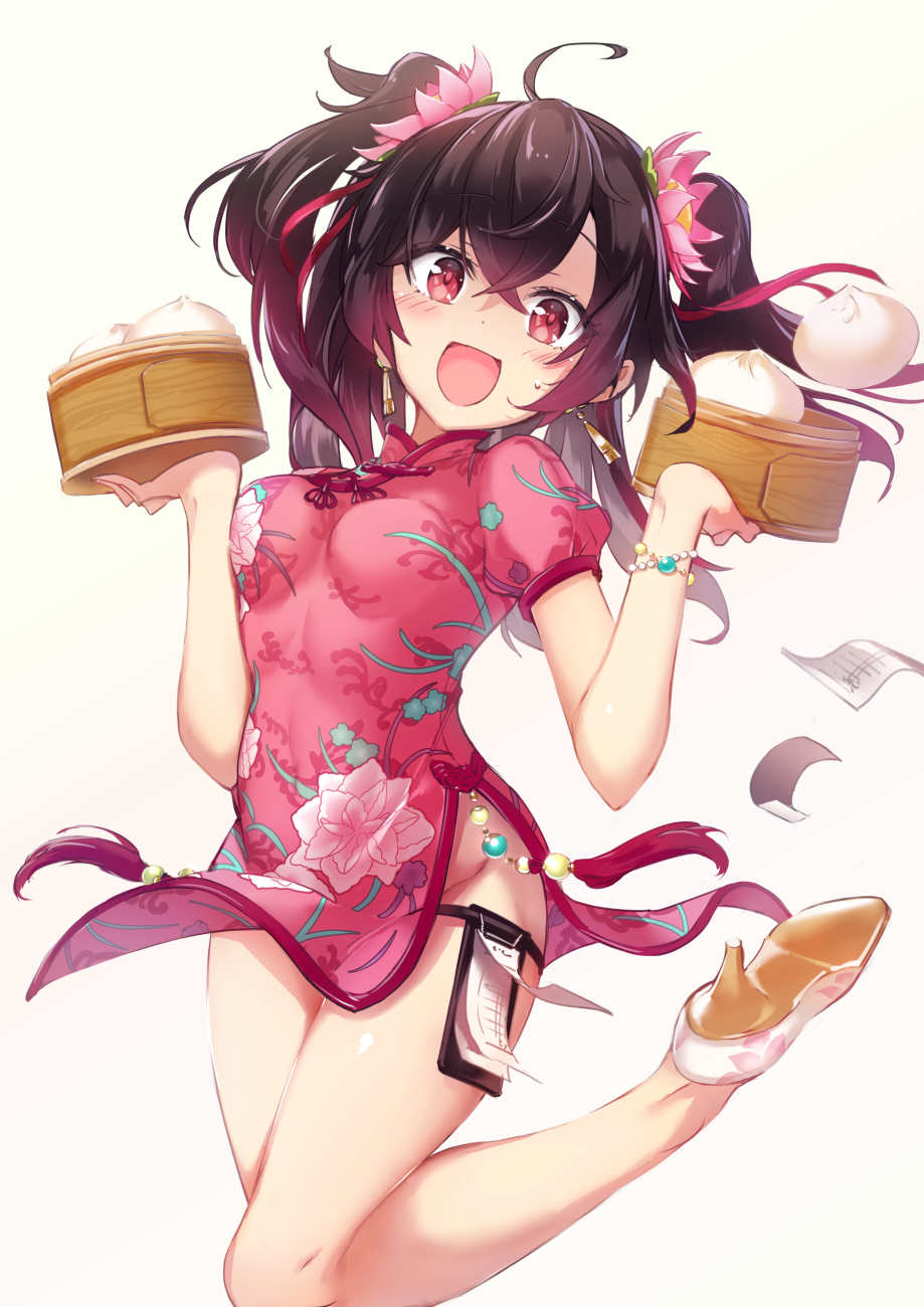 1girl :d ahoge bangs baozi black_hair blush bracelet character_request china_dress chinese_clothes commentary_request dress floral_print flower food groin hair_flower hair_ornament hair_ribbon high_heels highres holding jewelry long_hair looking_at_viewer micopp open_mouth papers pink_dress pink_flower print_dress red_eyes red_ribbon ribbon short_sleeves side_slit simple_background smile solo standing standing_on_one_leg sweatdrop tassel tassel_earrings thigh_strap toji_no_miko two_side_up waitress white_background