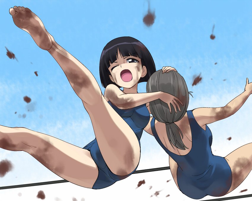 2girls a1 ass black_hair blue_eyes blush girls_und_panzer grey_hair multiple_girls one_eye_closed open_mouth piyotan sono_midoriko swimsuit swimwear wrestling