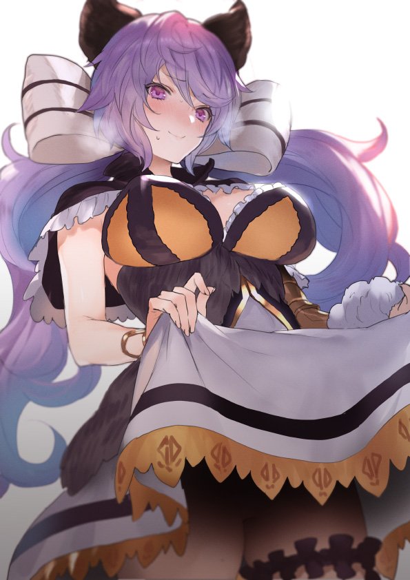 1girl black_capelet blurry blush breasts capelet closed_mouth commentary_request cowboy_shot depth_of_field doushite dress dress_lift frills from_below garters granblue_fantasy hair_ribbon heavy_breathing large_breasts lavender_hair leg_garter lifted_by_self long_hair looking_at_viewer low_twintails purple_eyes ribbon satyr_(granblue_fantasy) solo thigh_strap thighs twintails very_long_hair wavy_hair