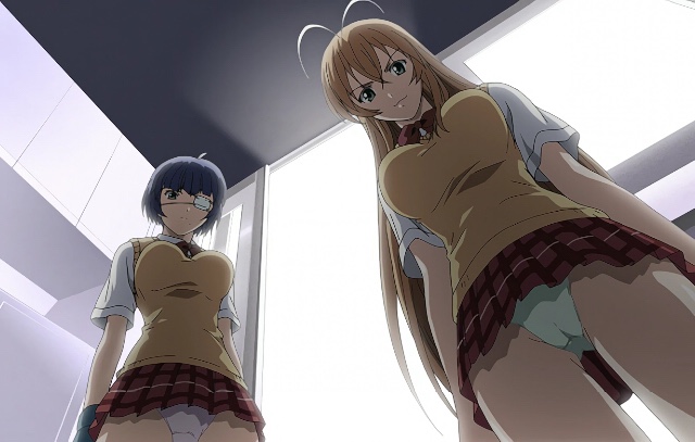 00s 2girls ahoge antenna_hair blue_gloves blue_hair breasts edited eyepatch from_below gloves ikkitousen indoors large_breasts long_hair looking_at_viewer multiple_girls orange_hair panties ryomou_shimei school_uniform screencap short_hair skirt sonsaku_hakufu standing stitched third-party_edit underwear uniform upskirt