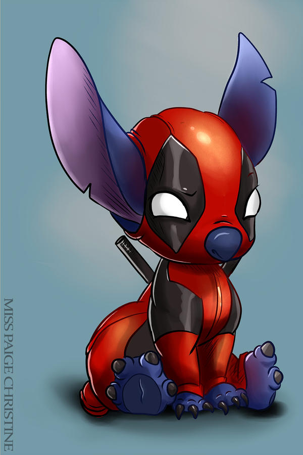 2016 4_toes alien black_claws blue_body blue_nose claws clothed clothing cosplay costume deadpool digital_drawing_(artwork) digital_media_(artwork) disney experiment_(species) gradient_background lilo_and_stitch marvel misspaigechristine notched_ear simple_background sitting solo stitch toes