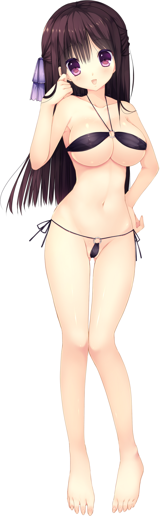 1girl barefoot bikini black_hair breasts full_body hair_ribbon half_updo halter_top halterneck hand_on_hip hand_on_own_face haruoto_alice_gram highres large_breasts long_hair looking_at_viewer navel o-ring o-ring_bikini official_art open_mouth purple_eyes ribbon rindou_yaya side-tie_bikini solo swimsuit takanae_kyourin transparent_background