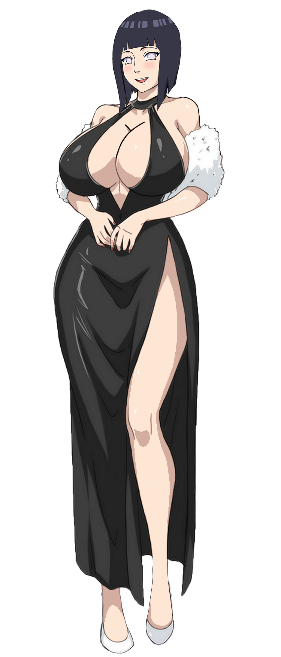 1girl areolae black_hair blush breasts breasts_outside cleavage dress eyes_closed highres huge_breasts hyuuga_hinata long_dress long_hair naruho naruto naruto_(series) naruto_shippuuden smile solo source_request sweat upper_body