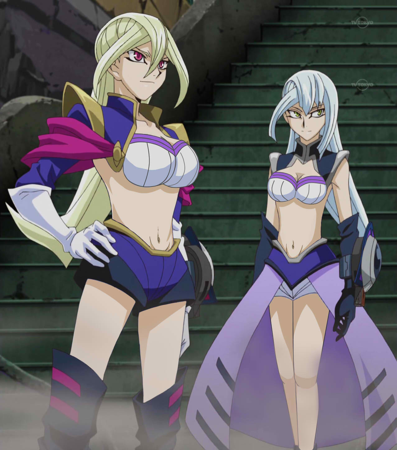 2girls blonde_hair breasts clevage gloria_tyler grace_tyler green_eyes highres multiple_girls red_eyes silver_hair third-party_edit yu-gi-oh! yu-gi-oh!_arc-v yuu-gi-ou yuu-gi-ou_arc-v