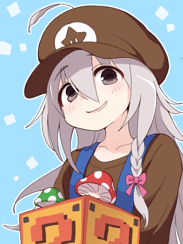 1girl ?_block ahoge blue_background blush bow braid brown_eyes brown_headwear brown_shirt collarbone cosplay ddak5843 flat_cap grey_hair hair_bow hair_through_headwear hat head_tilt hoshi_shouko idolmaster idolmaster_cinderella_girls long_hair mushroom nintendo parted_lips pink_bow shirt side_braid single_braid smile solo star super_smash_bros. suspenders upper_body