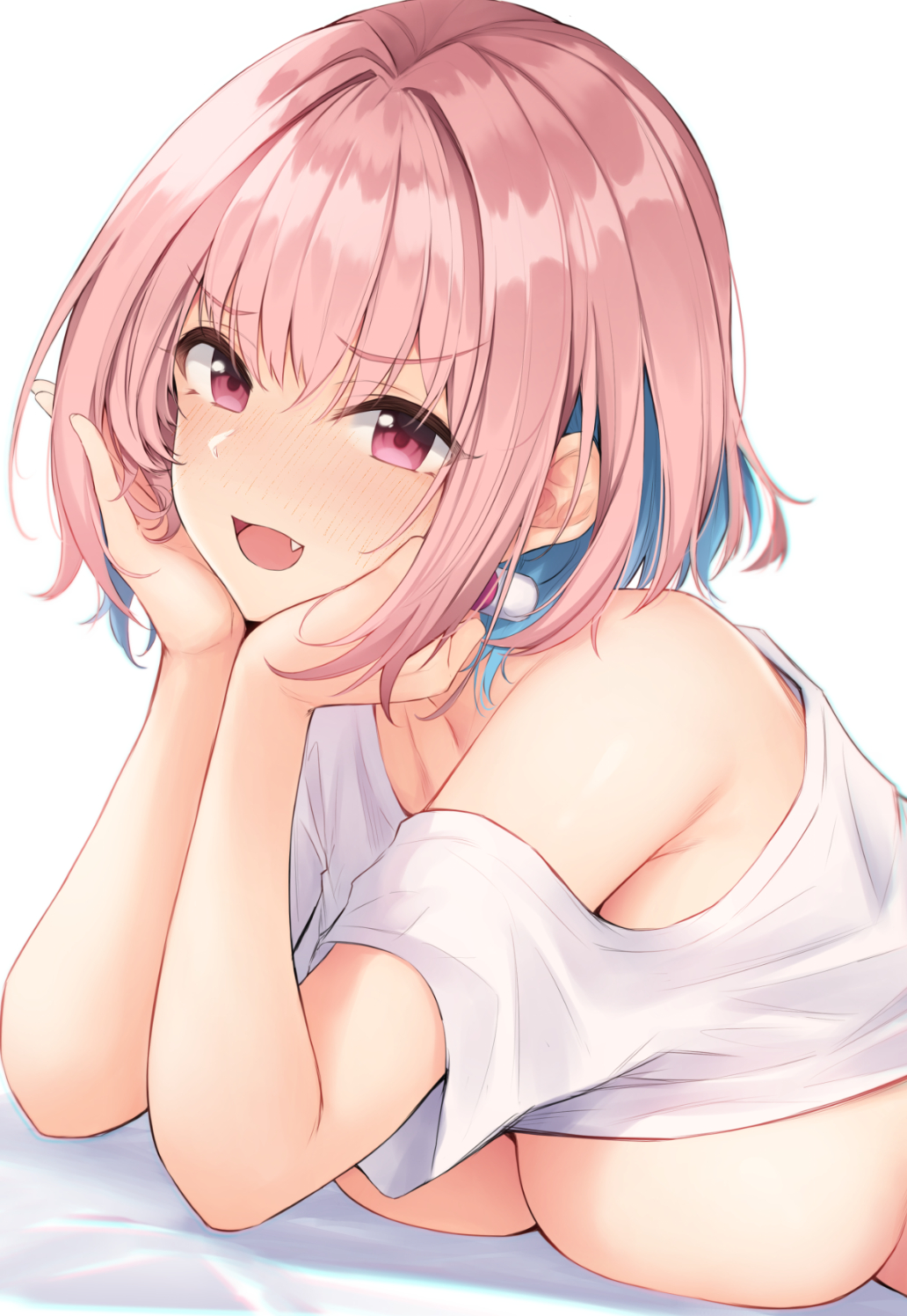 10s 1girl :d ahoge anza_tomo bare_arms bare_shoulders blush breasts collarbone commentary eyebrows_visible_through_hair fang fang_out head_in_hand highres idolmaster idolmaster_cinderella_girls large_breasts looking_at_viewer multicolored_hair no_bra open_mouth pink_hair shirt shirt_pull short_hair short_sleeves smile solo two-tone_hair white_shirt yumemi_riamu