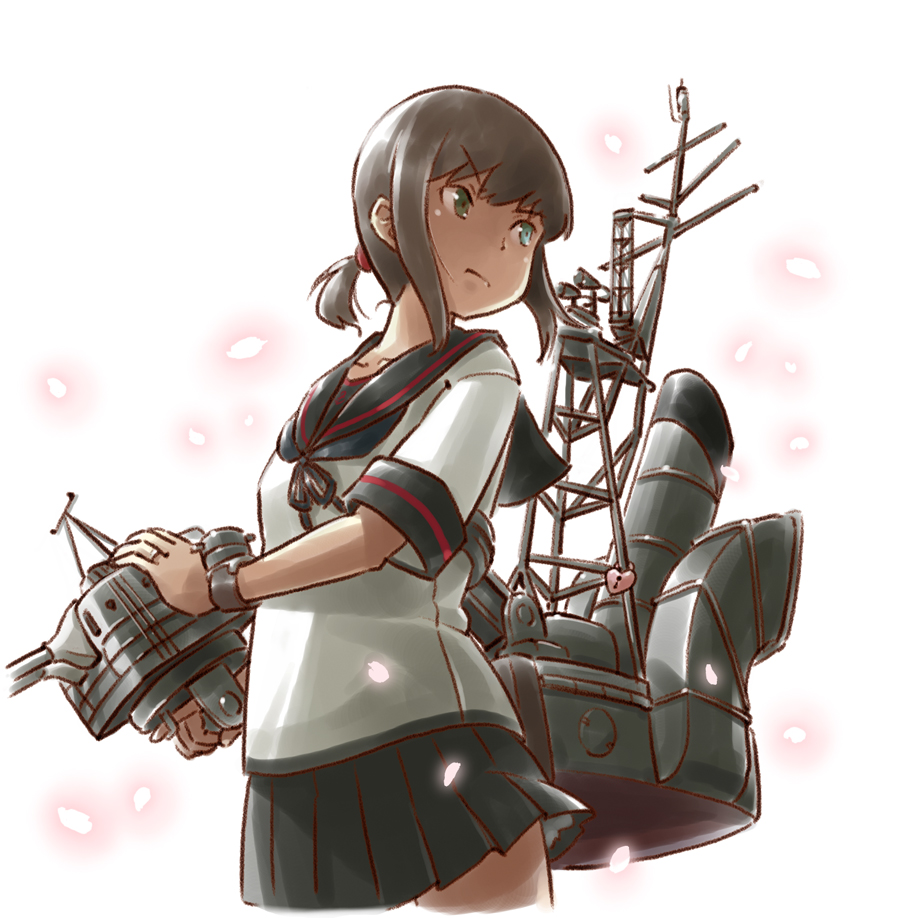 &gt;:( 1girl black_hair black_skirt cannon commentary_request cowboy_shot fubuki_(kantai_collection) green_eyes jewelry kantai_collection karasu_(naoshow357) looking_to_the_side low_ponytail machinery neckerchief pleated_skirt remodel_(kantai_collection) ring sailor_collar school_uniform serafuku short_ponytail short_sleeves sidelocks simple_background skirt solo turret type_94_anti-aircraft_fire_detector wedding_band white_background