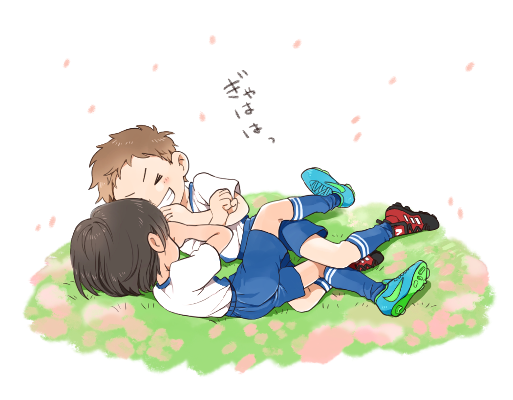 &gt;_&lt; 2boys blue_legwear blush brown_hair cherry_blossoms eyes_closed grass grin male_focus multiple_boys original petals simple_background smile soccer_uniform socks solo sportswear tan taremayuzou white_background wrestling