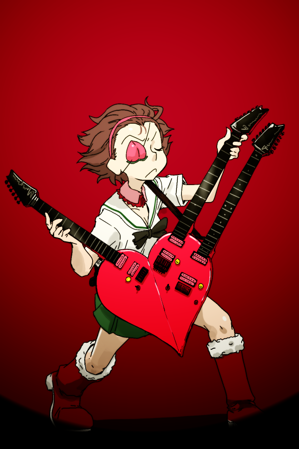 1girl black_neckwear blouse boots bow bowtie brown_hair closed_mouth commentary_request detached_collar double_neck_guitar electric_guitar eyepatch eyes_closed facing_viewer food frown fruit full_body fur-trimmed_boots fur_trim girls_und_panzer gradient gradient_background green_skirt guitar hair_pulled_back hairband heart heart_guitar holding holding_instrument instrument knee_boots leaning_forward miniskirt momogaa ooarai_school_uniform peach pink_collar pink_hairband pleated_skirt red_background red_footwear rosmino school_uniform serafuku short_hair short_sleeves skirt solo standing white_blouse