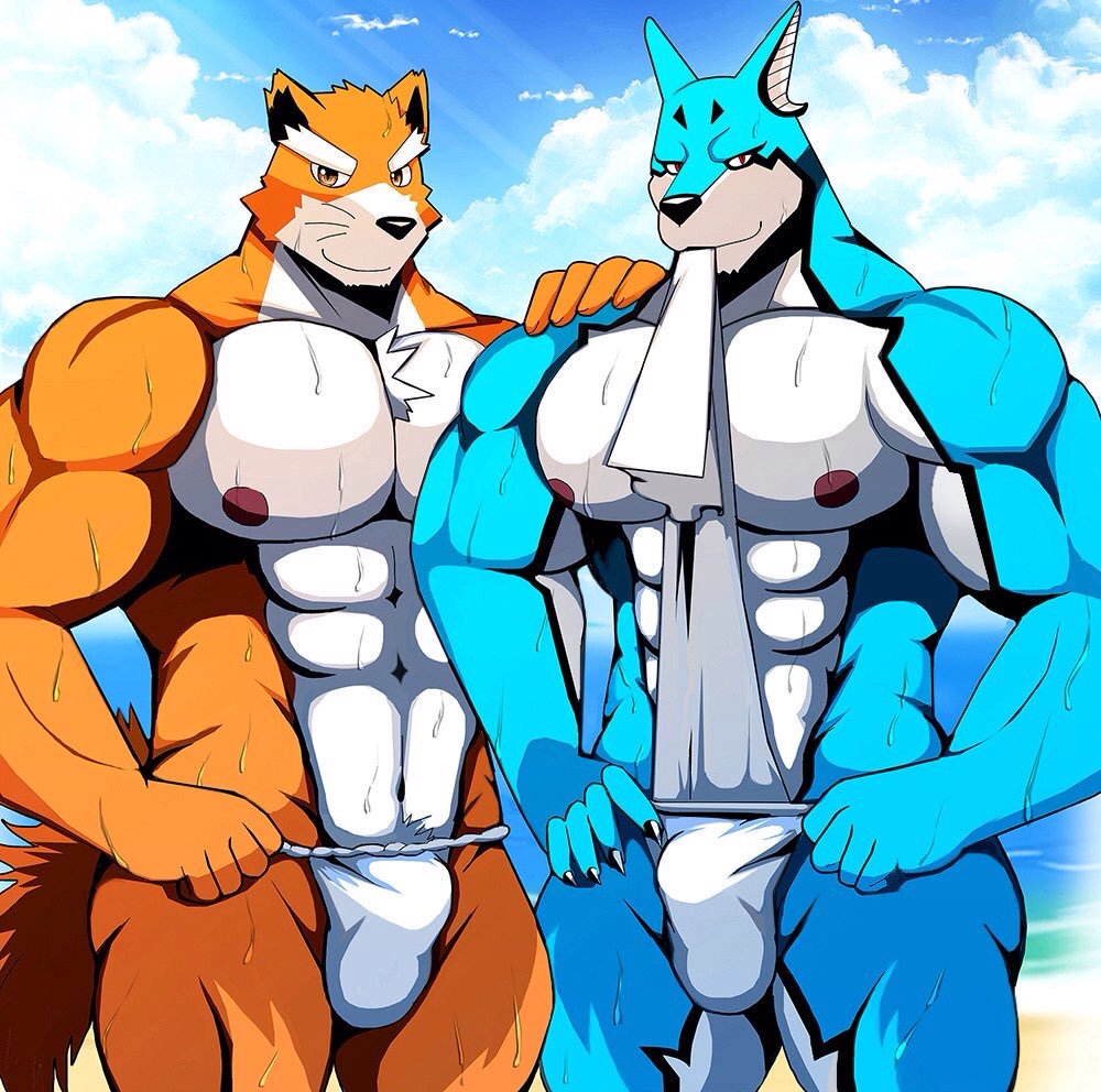 abs anthro beach bearlovestiger13 biceps big_muscles blue_fur bulge canid canine canis clothing doggie_kruger domestic_dog duo fundoshi fur japanese_clothing looking_at_viewer male mammal multicolored_fur muscular muscular_male natsume_(tooboe_bookmark) nipples pecs power_rangers power_rangers_spd seaside smile super_sentai tokusou_sentai_dekaranger tooboe_bookmark underwear wet