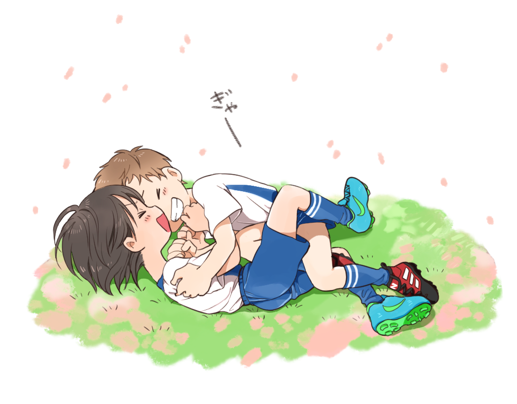 &gt;_&lt; 2boys blue_legwear blush brown_hair cherry_blossoms eyes_closed grass grin male_focus multiple_boys original petals simple_background smile soccer_uniform socks solo sportswear tan taremayuzou white_background wrestling