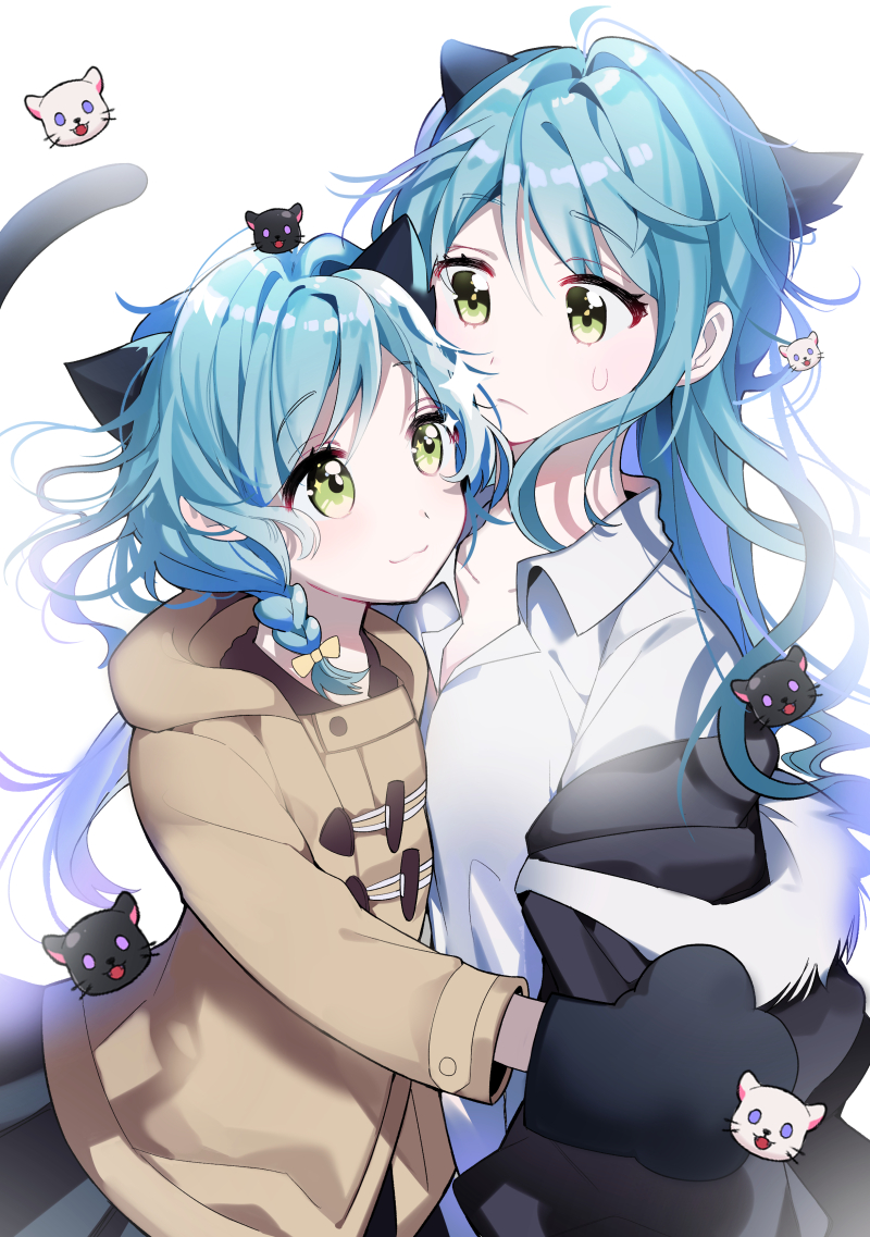 2girls :3 animal_ears aqua_hair bang_dream! black_coat bow brown_coat cat cat_ears cat_tail coat collared_shirt dog dog_ears frown fur-trimmed_coat fur_trim gloves green_eyes hair_bow hikawa_hina hikawa_sayo hood hood_down hooded_coat kemonomimi_mode kongya long_hair long_sleeves looking_at_another medium_hair multiple_girls off_shoulder paw_gloves paws shirt siblings side_braids sisters sparkle sweatdrop tail twins upper_body white_shirt yellow_bow