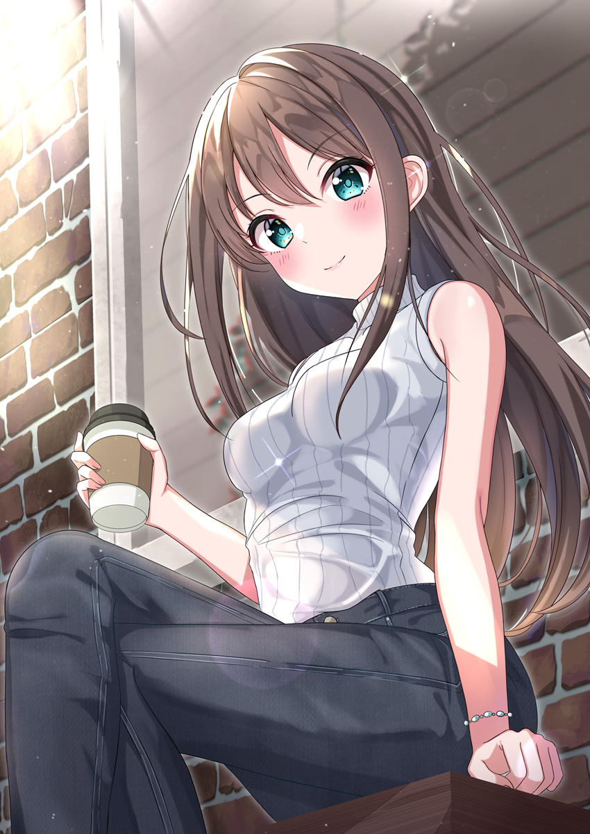 1girl aqua_eyes bangs bare_arms bare_shoulders black_pants blush breasts brick_wall brown_hair closed_mouth coffee_cup commentary_request cup denim disposable_cup eyebrows_visible_through_hair hair_between_eyes highres holding holding_cup idolmaster idolmaster_cinderella_girls idolmaster_cinderella_girls_starlight_stage jeans legs_crossed long_hair medium_breasts pants ribbed_sweater shibuya_rin sleeveless_sweater smile solo sutoroa sweater very_long_hair