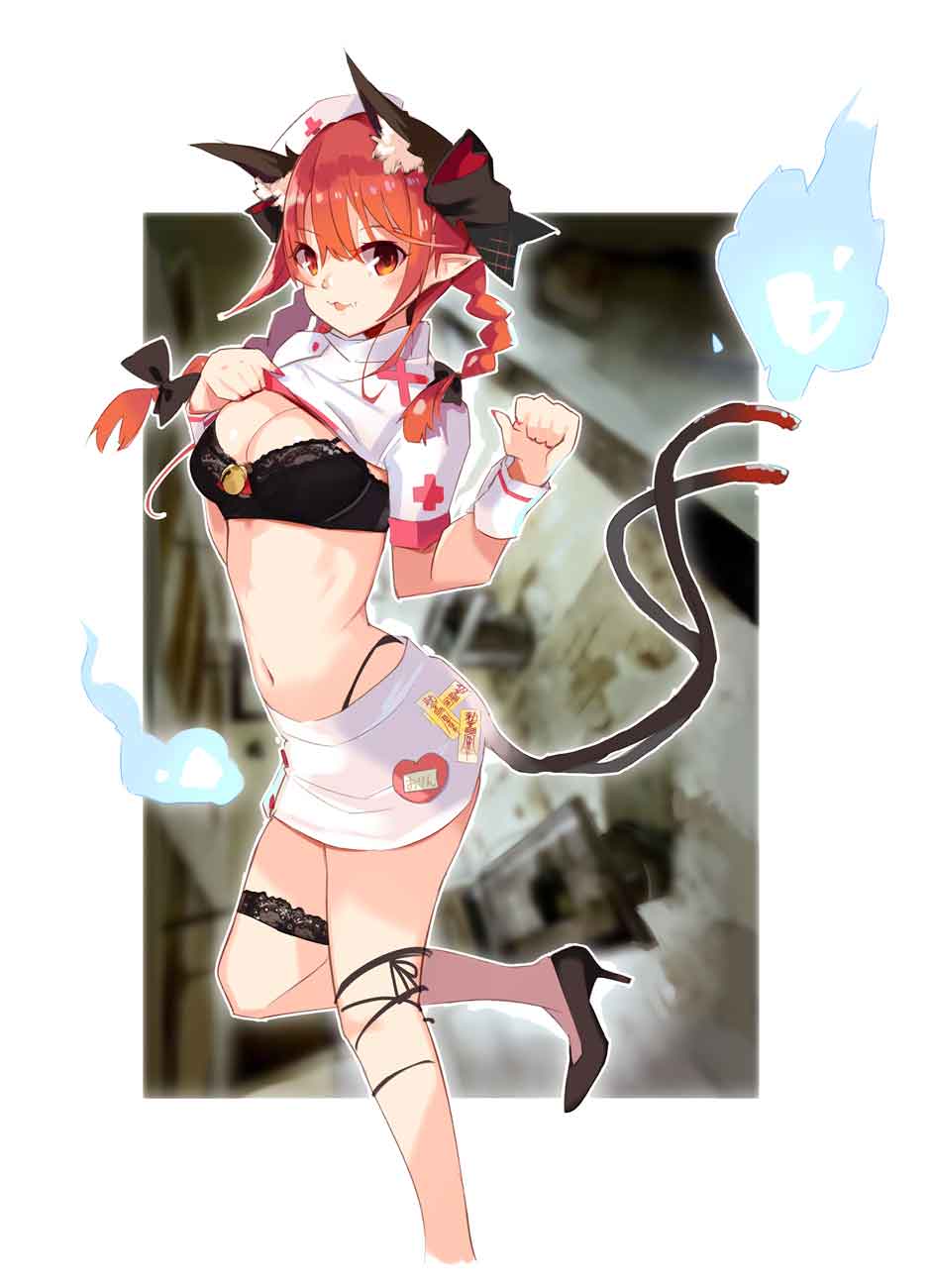 1girl :3 alternate_costume animal_ear_fluff animal_ears bangs bare_legs bell black_bow black_bra black_footwear black_panties black_ribbon bow bra braid breasts cat_ears cat_tail clenched_hand commentary_request eyebrows_visible_through_hair fang feet_out_of_frame fingernails flush hair_between_eyes hair_bow hand_up hat heart high_heels highleg highleg_panties highres hitodama jingle_bell kaenbyou_rin large_breasts leg_ribbon lifted_by_self long_hair looking_at_viewer miniskirt multiple_tails nail_polish navel nekomata nurse nurse_cap panties parted_lips pencil_skirt pointy_ears red_cross red_eyes red_hair red_nails ribbon sharp_fingernails shirt shirt_lift short_sleeves skirt solo standing standing_on_one_leg stomach tail tetsurou_(fe+) thigh_strap thighs touhou twin_braids twintails two_tails underwear white_background white_shirt white_skirt wrist_cuffs