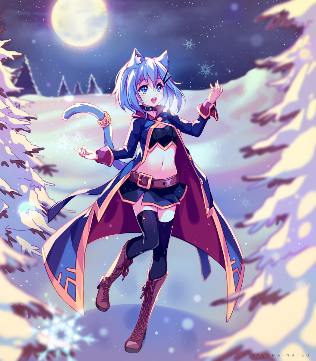 1girl animal_ears artist_name belt black_legwear black_skirt black_tank_top blue_coat blue_hair boots breath brown_footwear cat_ears cat_tail choker coat commission freckles full_body full_moon hair_ornament hairclip highres hyanna-natsu jewelry knee_boots midriff miniskirt moon navel night night_sky open_mouth original outdoors ring short_hair skirt sky smile snow solo star_(sky) tail tail_ornament tail_ring tank_top thighhighs tree