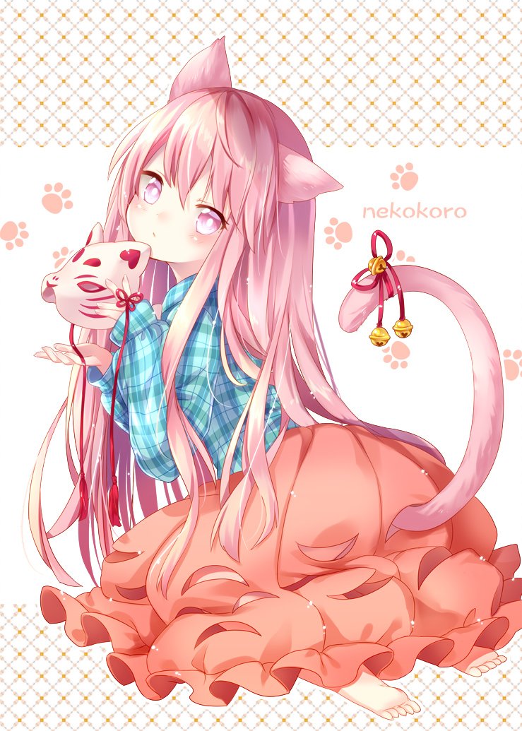 1girl animal_ears barefoot bell blue_shirt blush bright_pupils cat_ears cat_tail character_name cutoffs fox_mask from_side full_body hata_no_kokoro holding holding_mask jingle_bell kemonomimi_mode kneeling long_hair long_sleeves looking_at_viewer looking_to_the_side mask mimi_(mimi_puru) orange_skirt paw_background pink_eyes pink_hair plaid plaid_shirt shirt skirt solo tail tail_bell tail_through_clothes touhou white_background white_pupils