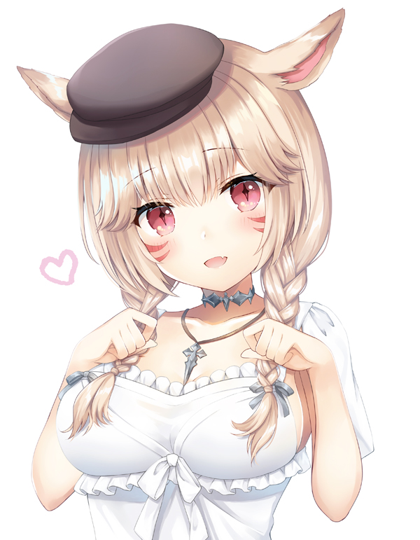 1girl :d animal_ears blush braid breasts brown_headwear cabbie_hat cat_ears collarbone commentary_request facial_mark fang final_fantasy final_fantasy_xiv grey_ribbon hair_ribbon hat head_tilt jewelry kanora light_brown_hair long_hair looking_at_viewer low_twintails medium_breasts miqo'te open_mouth pendant red_eyes ribbon shirt short_sleeves smile solo twin_braids twintails whisker_markings white_shirt