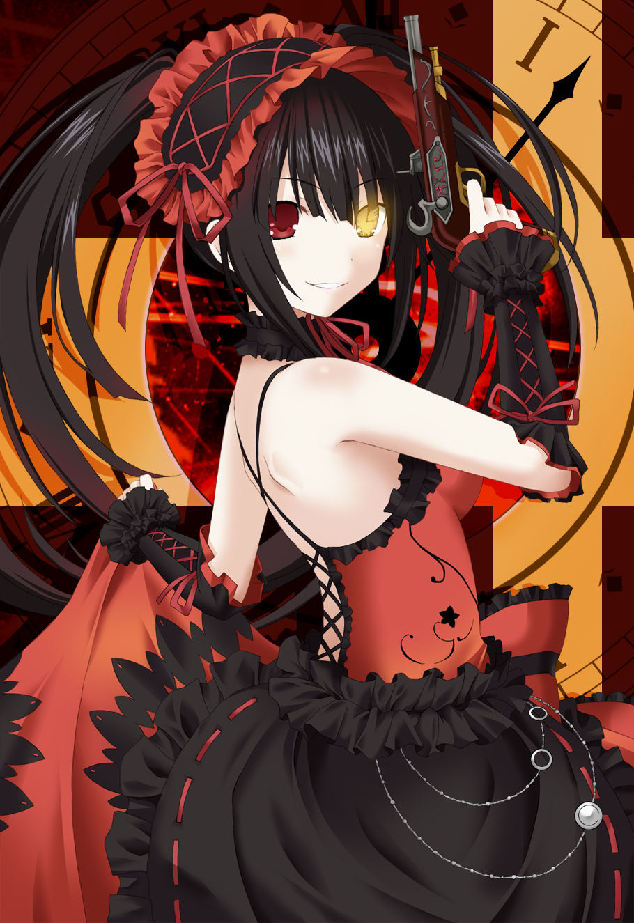 1girl arm_up bare_shoulders black_hair black_sleeves breasts clock_eyes date_a_live detached_sleeves dress from_side gun hair_between_eyes hairband heterochromia highres holding kagura_ittou lolita_fashion lolita_hairband long_hair looking_at_viewer medium_breasts red_dress red_eyes red_ribbon ribbon skirt_hold sleeveless sleeveless_dress smile solo symbol-shaped_pupils tokisaki_kurumi twintails weapon yellow_eyes