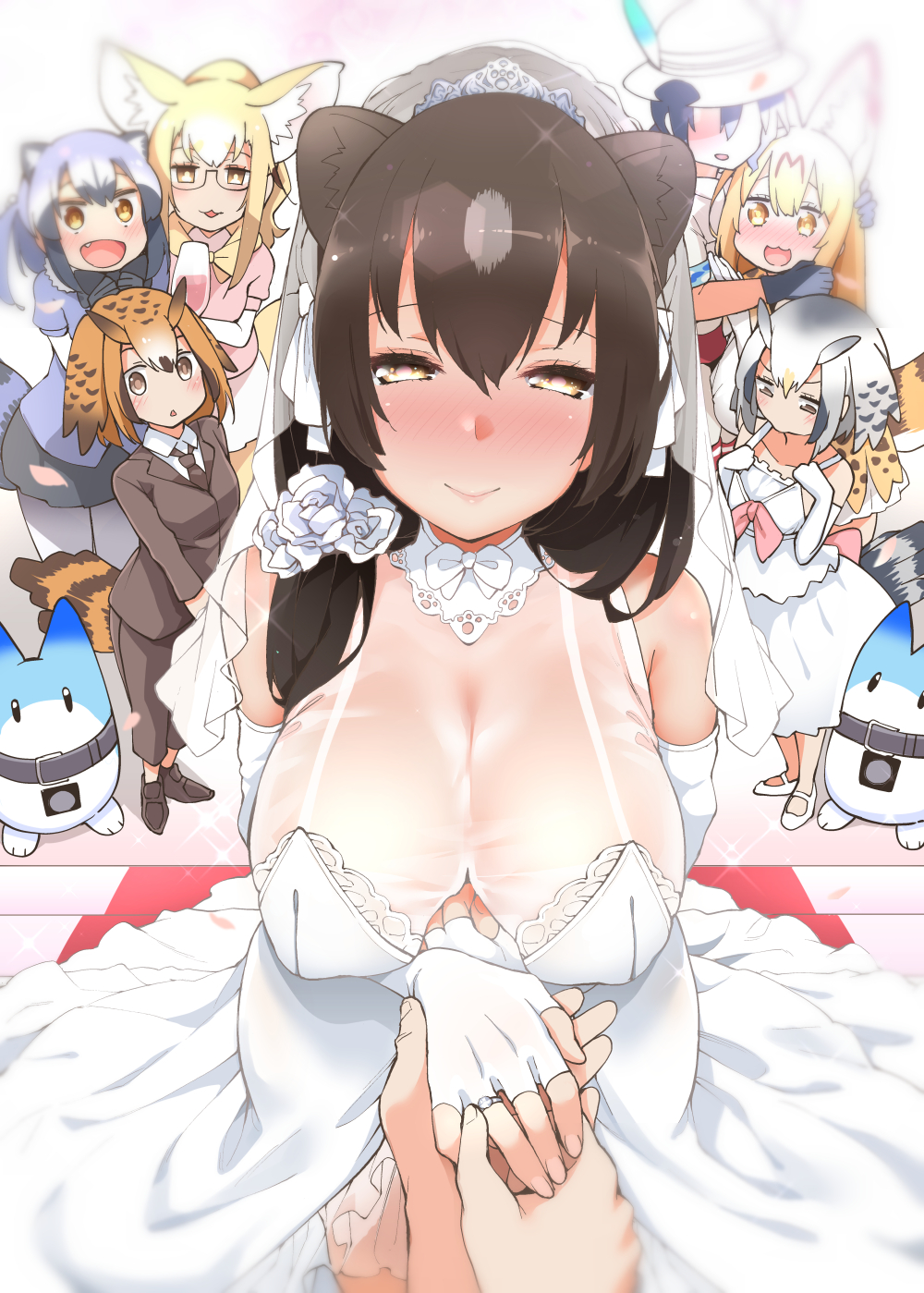 6+girls :3 :d alternate_costume animal_ears bangs bare_shoulders bear_ears bespectacled blush breast_envy breasts brown_bear_(kemono_friends) brown_hair cleavage common_raccoon_(kemono_friends) cup diadem dress drinking_glass elbow_gloves eurasian_eagle_owl_(kemono_friends) faceless fang fennec_(kemono_friends) fingerless_gloves flower formal fox_ears glasses gloves hair_between_eyes hair_flower hair_ornament hat hat_feather hayashi_(l8poushou) highres holding_hand jewelry kaban_(kemono_friends) kemono_friends large_breasts long_hair looking_at_viewer lucky_beast_(kemono_friends) multiple_girls northern_white-faced_owl_(kemono_friends) nose_blush open_mouth pov pov_hands ring serval_(kemono_friends) serval_ears sleeveless sleeveless_dress smile suit wedding_dress wedding_ring white_dress white_flower white_gloves wine_glass yellow_eyes