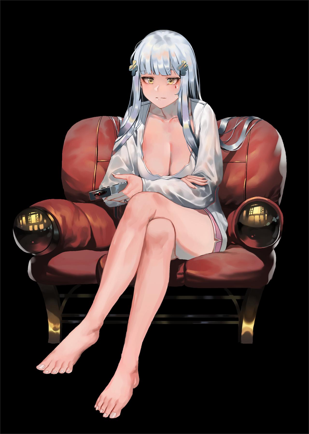 1girl bangs barefoot black_background blouse blunt_bangs blush breasts casual chair cleavage controller eyebrows_visible_through_hair facial_mark feet frown girls_frontline green_eyes hair_ornament highres hk416_(girls_frontline) holding_remote_control ihobus large_breasts leaning_forward legs_crossed long_hair long_sleeves looking_away pink_shorts remote_control short_shorts shorts silver_hair simple_background solo tearing_up toes very_long_hair wedding_bang white_blouse