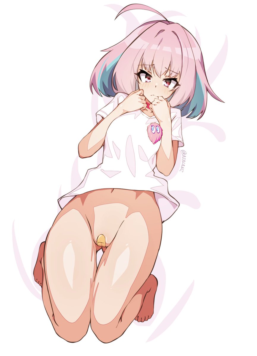 1girl ahoge bandaid bandaid_on_pussy bangs bare_legs barefoot blue_hair bottomless commentary eyebrows_visible_through_hair full_body gluteal_fold highres idolmaster idolmaster_cinderella_girls looking_at_viewer maebari medium_hair multicolored_hair pasties pink_eyes pink_hair shirt short_sleeves solo t-shirt thigh_gap tilt-shift two-tone_hair white_shirt yumemi_riamu