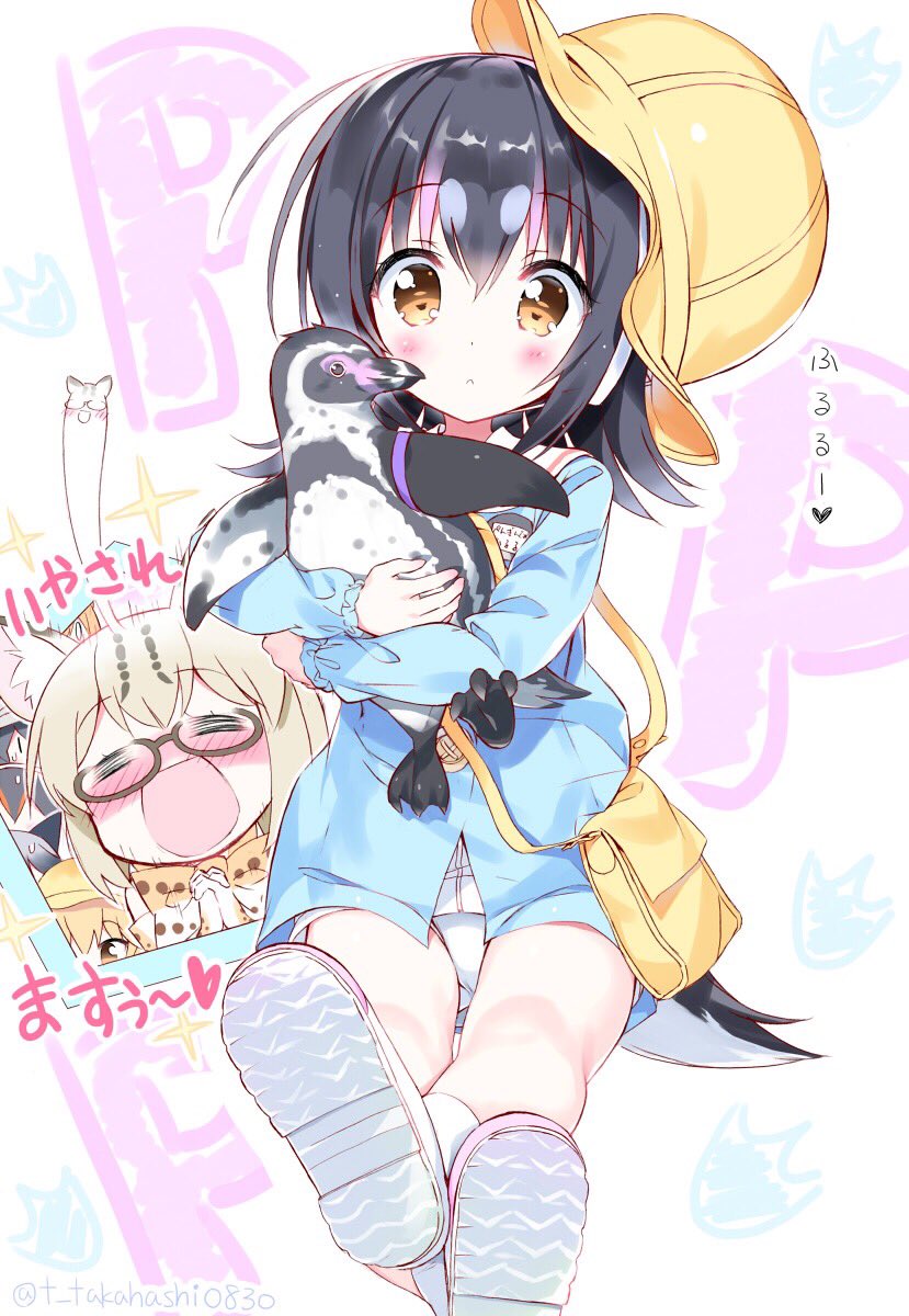 5girls animal_ears bag bird black_hair blue_shirt blush brown_eyes brown_hair cat_ears commentary_request eyes_closed ezo_red_fox_(kemono_friends) fox_ears giving_up_the_ghost glasses gloves grape-kun hands_together hat highres hug humboldt_penguin humboldt_penguin_(kemono_friends) kaban_(kemono_friends) kemono_friends legs legs_crossed leotard leotard_under_clothes margay_(kemono_friends) multiple_girls no_pants open_mouth penguin penguin_tail shirt shoes short_hair silver_fox_(kemono_friends) silver_hair smile socks soles tail takahashi_tetsuya translation_request white_footwear white_leotard yellow_headwear