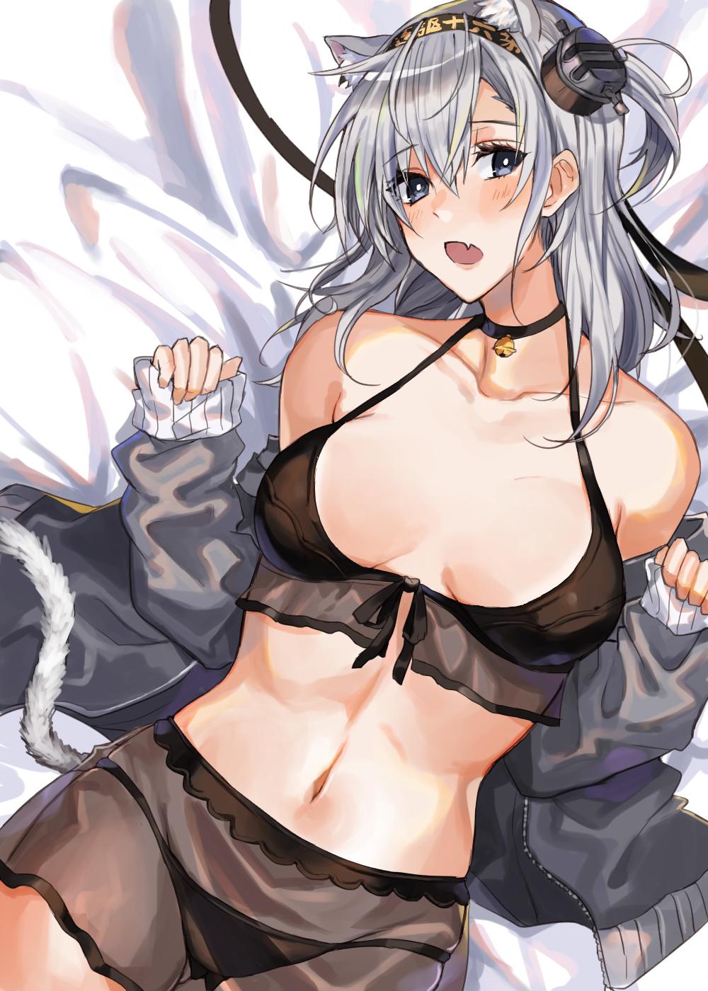 1girl amakaze animal_ears bikini black_bikini black_collar black_headband blue_eyes blush breasts cat_ears cat_tail clothes_writing collar collarbone fang grey_jacket hair_between_eyes hair_down hair_ornament headband highres jacket kantai_collection looking_at_viewer lying medium_breasts medium_hair messy_hair navel off_shoulder on_back on_bed open_mouth pet_collar sarong silver_hair solo suzutsuki_(kantai_collection) swimsuit tail