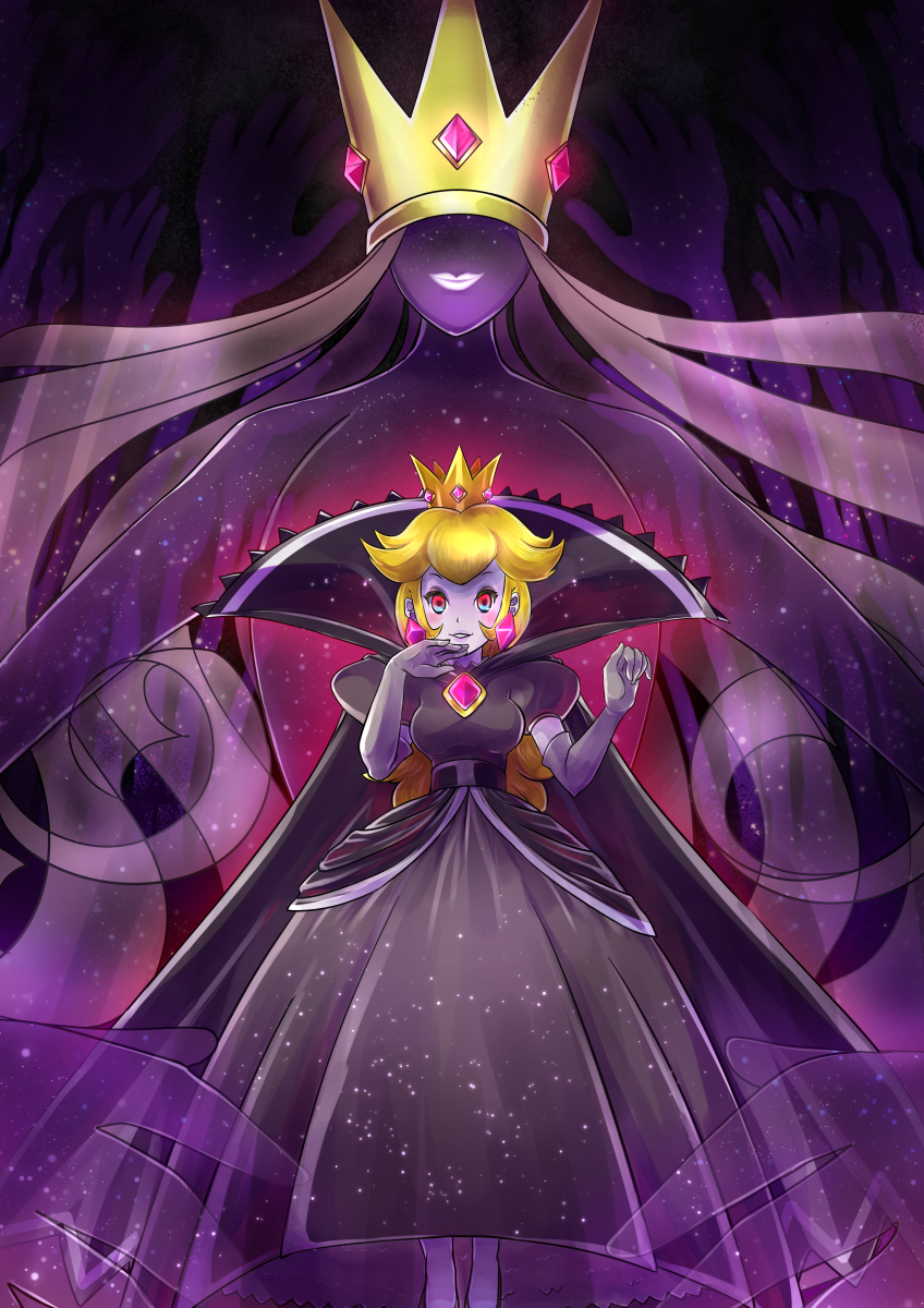 2girls blonde_hair cape crown disembodied_hands dress dual_persona earrings elbow_gloves giantess gloves high_collar highres jewelry konna-nani lipstick long_hair looking_at_viewer makeup multiple_girls paper_mario:_the_thousand_year_door princess_peach purple_cape purple_dress purple_gloves purple_skin red_eyes shadow_queen smile sparkle translucent white_lipstick