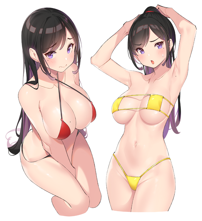 2girls :o armpits arms_up bangs bare_arms bare_shoulders between_legs bikini black_hair blush breasts cleavage collarbone criss-cross_halter cropped_legs groin halterneck highleg highleg_bikini large_breasts long_hair looking_at_viewer medium_breasts mole mole_on_armpits mole_on_breast mole_under_eye multiple_girls navel open_mouth original ponytail pop_kyun purple_eyes red_bikini sidelocks simple_background sitting standing swimsuit thighs white_background yellow_bikini