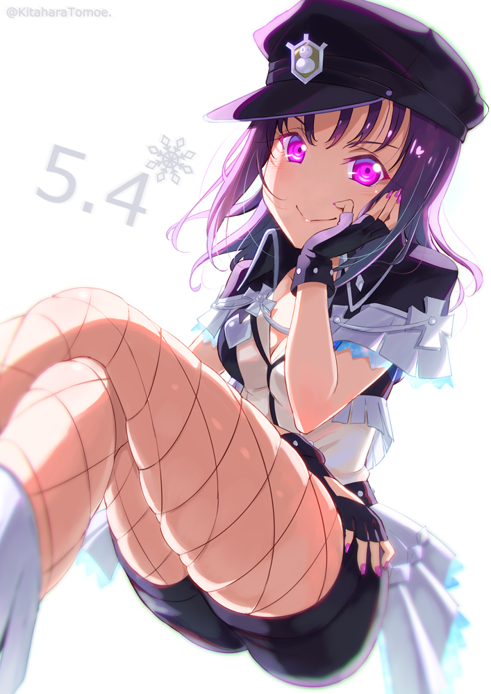 &gt;:) 1girl :&gt; animal_ears believe_again black_gloves black_headwear black_shorts cat_ears commentary dated english_commentary fingerless_gloves fishnet_pantyhose fishnets fringe_trim gloves hand_on_own_cheek hat invisible_chair kazuno_sarah kitahara_tomoe_(kitahara_koubou) legs_crossed long_hair looking_at_viewer love_live! love_live!_sunshine!! love_live!_sunshine!!_the_school_idol_movie_over_the_rainbow nail_polish pantyhose peaked_cap purple_eyes purple_hair purple_nails shirt short_shorts shorts sitting skindentation snowflakes solo spoilers twitter_username white_background