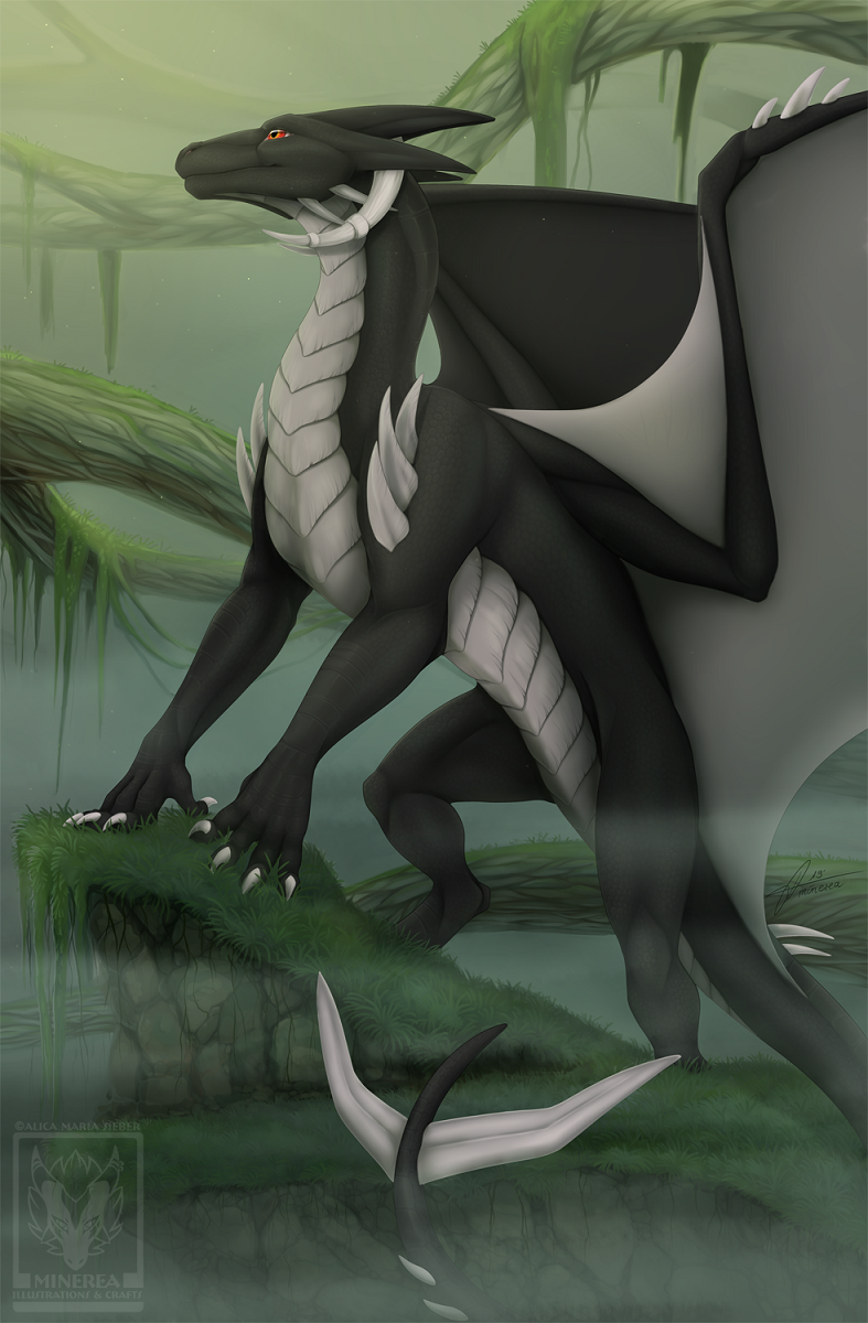 2019 ambiguous_gender black_scales claws digital_media_(artwork) dragon feral grass hi_res membranous_wings pinkdragonlove red_eyes scales scalie smile solo standing western_dragon wings