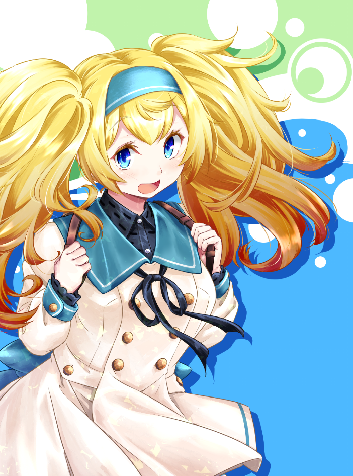 1girl alternate_costume backpack bag blonde_hair blue_background blue_eyes blush_stickers bow coat commentary_request frilled_sleeves frills gambier_bay_(kantai_collection) hairband kantai_collection long_hair long_sleeves looking_at_viewer open_mouth sailor_collar smile solo twintails upper_body yuzu_momo