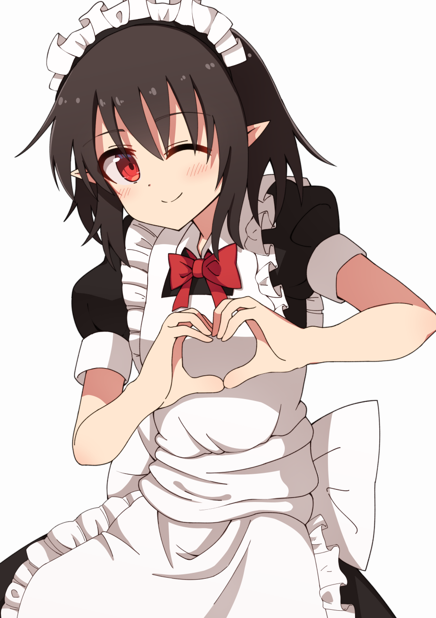 1girl ;) alternate_costume apron bangs black_dress black_hair blush bow bowtie commentary_request cowboy_shot dress enmaided eyebrows_visible_through_hair frilled_apron frills hair_between_eyes heart heart_hands highres looking_at_viewer maid maid_apron maid_headdress one_eye_closed pointy_ears puffy_short_sleeves puffy_sleeves red_bow red_eyes red_neckwear shameimaru_aya short_hair short_sleeves sidelocks simple_background smile solo standing taki_sandstone touhou white_apron white_background