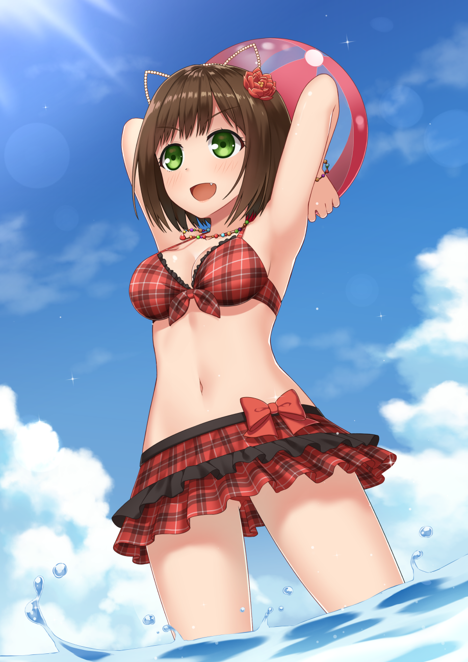 1girl animal_ears armpits arms_up ball beachball bikini bikini_skirt blue_sky bow bracelet breasts brown_hair cat_ears cleavage cloud cowboy_shot day dutch_angle fake_animal_ears flower frilled_bikini frilled_skirt frills from_below front-tie_bikini front-tie_top green_eyes hair_flower hair_ornament highres holding holding_ball idolmaster idolmaster_cinderella_girls jewelry kurisu-kun maekawa_miku medium_breasts miniskirt navel necklace outdoors plaid plaid_bikini red_bikini red_bow shiny shiny_hair short_hair sideboob skirt sky solo standing swimsuit wading